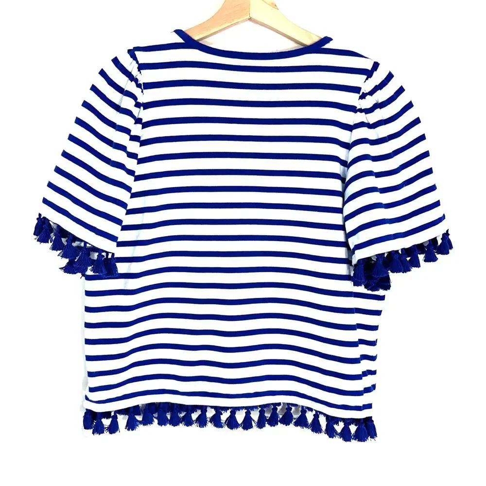Kate Spade Broome Street Flutter Sleeve Top Tassels‎ Striped | Blue White | SZ L